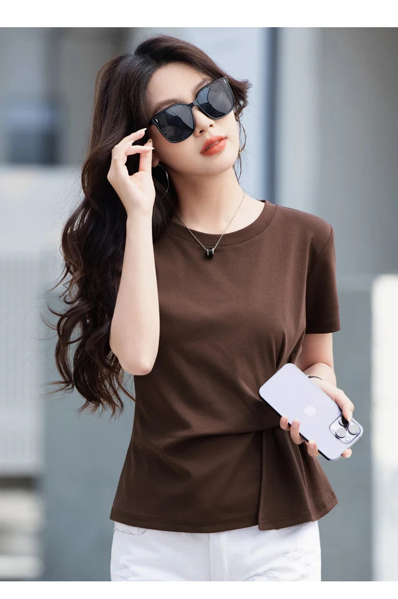 Women's summer new cotton irregular top short sleeved round neck casual women's short sleeved top T-shirt