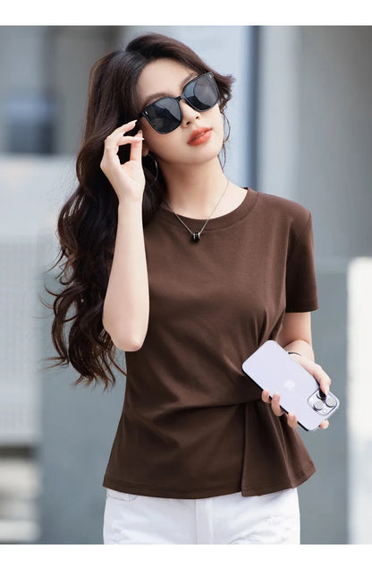 Women's summer new cotton irregular top short sleeved round neck casual women's short sleeved top T-shirt