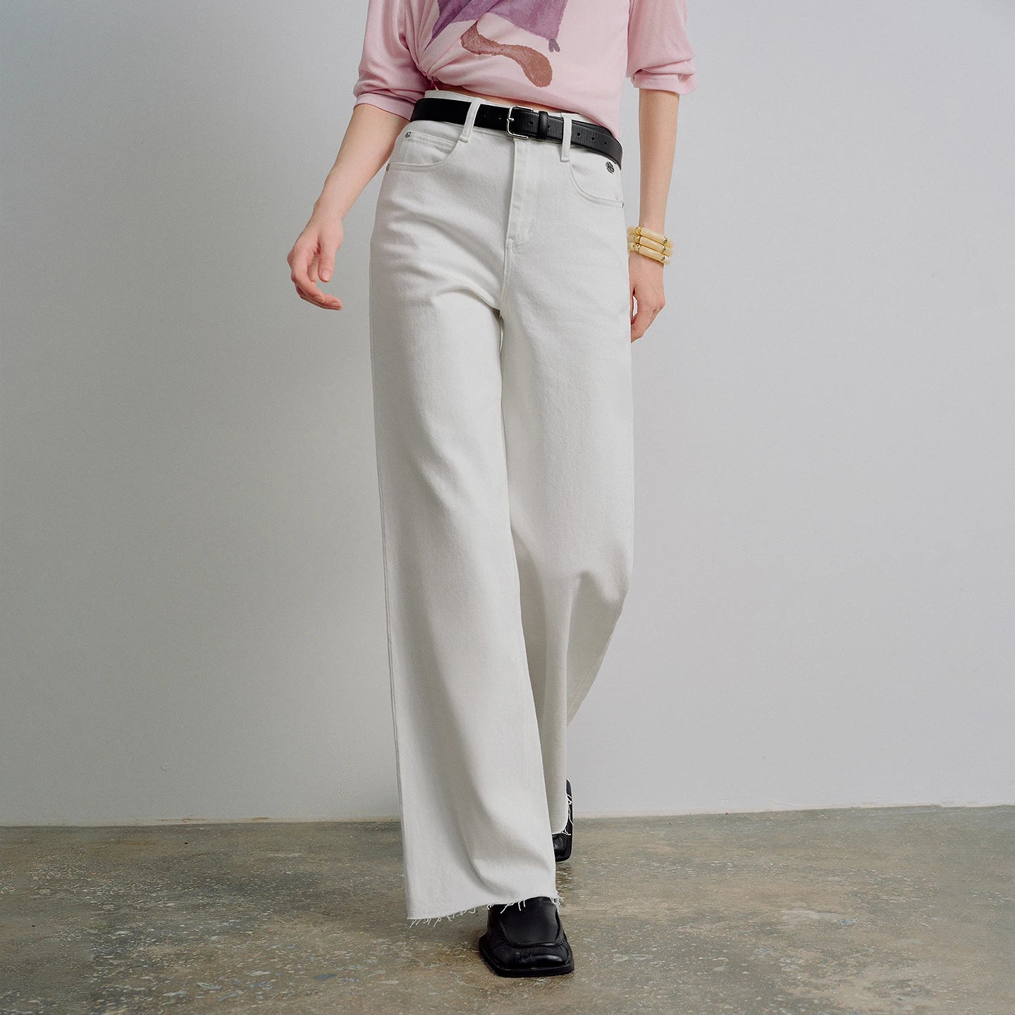 Women Jeans 2026 Spring New Black Label Lycra Stretchy White Frayed Cuff Loose Wide-Leg Pants