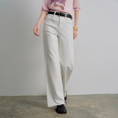 Women Jeans 2026 Spring New Black Label Lycra Stretchy White Frayed Cuff Loose Wide-Leg Pants