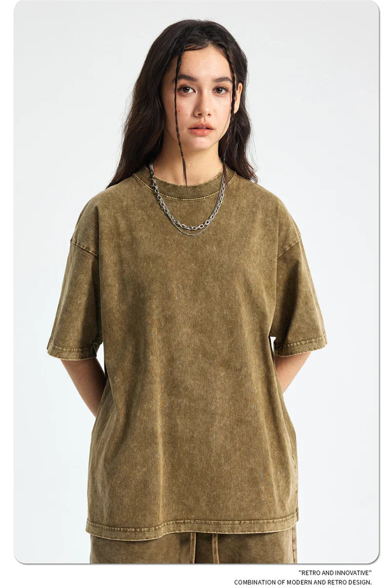2025 High Street Summer Washed Cotton T-Shirt Tees For Men Unisex Loose Retro Solid T Shirts Brand Tops HY0113