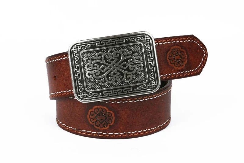 3.8cm Chinese Pattern Cowboy Smooth Buckle Men's Belt Ceinture Homme Yellow Belt Male Wide Jeans Men Genuine Leather Belt