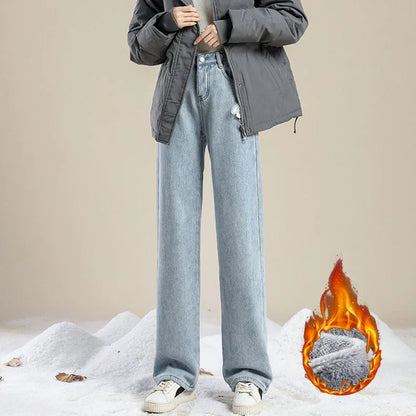 Winter Girls Plush Thermal High Waist Solid Jeans Lady Fleece Snow Warm Denim Pants Women Baggy Straight Leg Daily Trousers