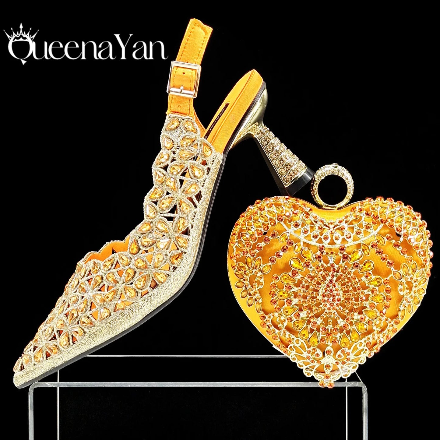 Fashion Design Heart Shape Three-Dimensional Hard Bag and Sexy Stiletto Shoes Shiny Rhinestones