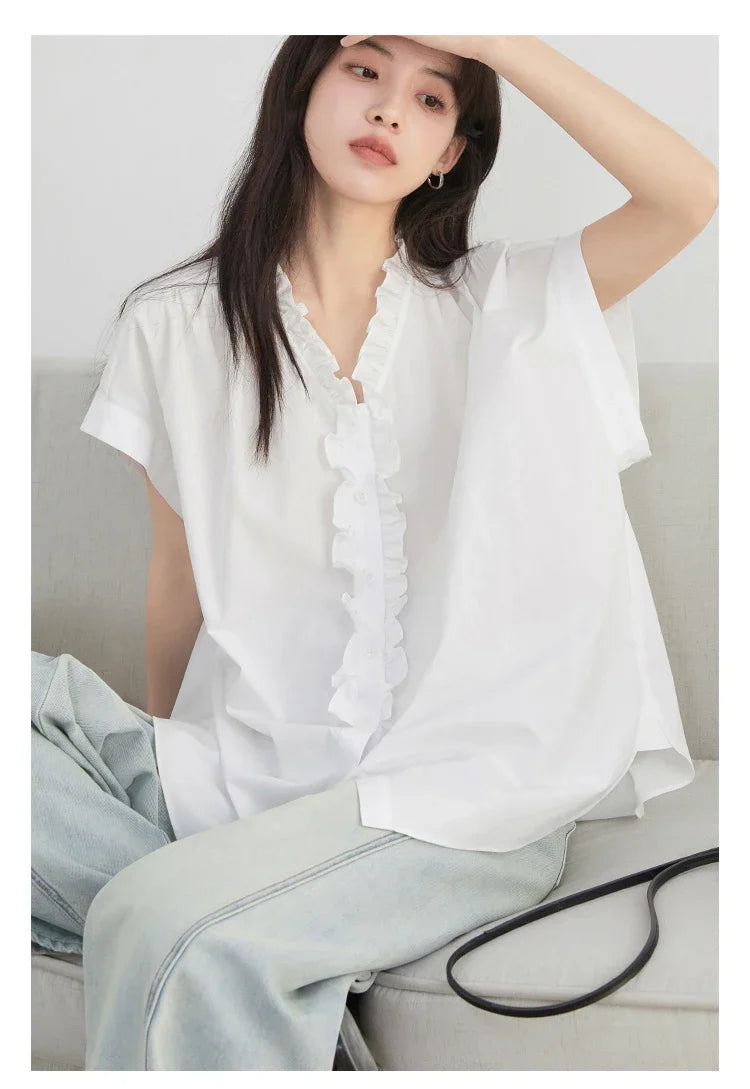 Women Shirts Loose Casual Cotton Ruffled Edge White Short Sleeved Shirt Female Blouses for Woman Summer 2025