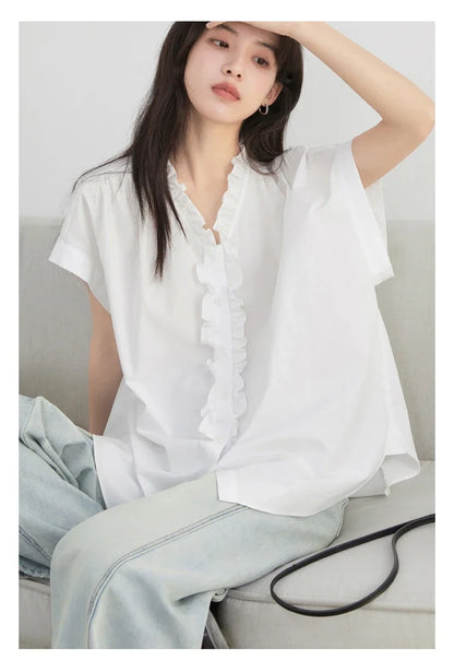 Women Shirts Loose Casual Cotton Ruffled Edge White Short Sleeved Shirt Female Blouses for Woman Summer 2025