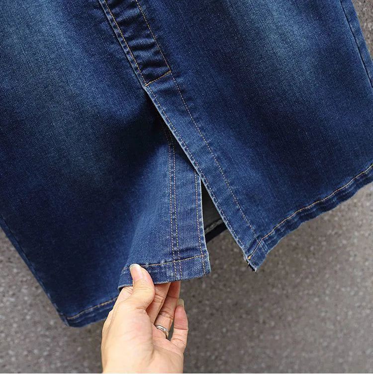 Summer New Women Elastic Waist Denim Skirts Korean Style Elegant Oversized High Waist Slit Skirts Mid Length Ladies Skirts