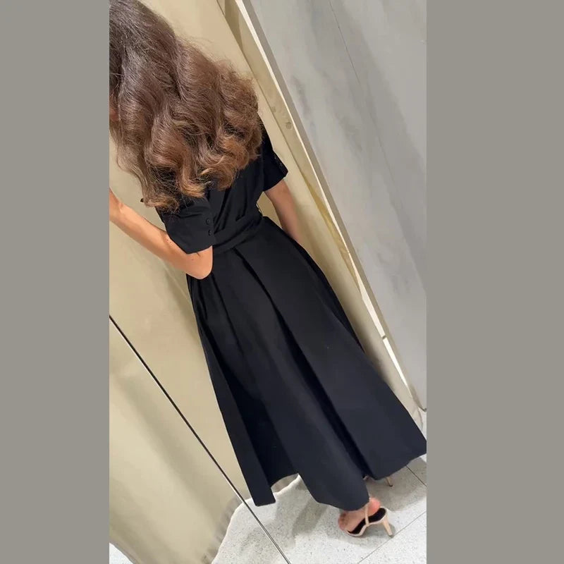 Elegant Belt Women Long Black Dress Full Sleeve Pleated Lapel Waist-Closed Female  A Line Dresses 2026 Spring Lady Robes New