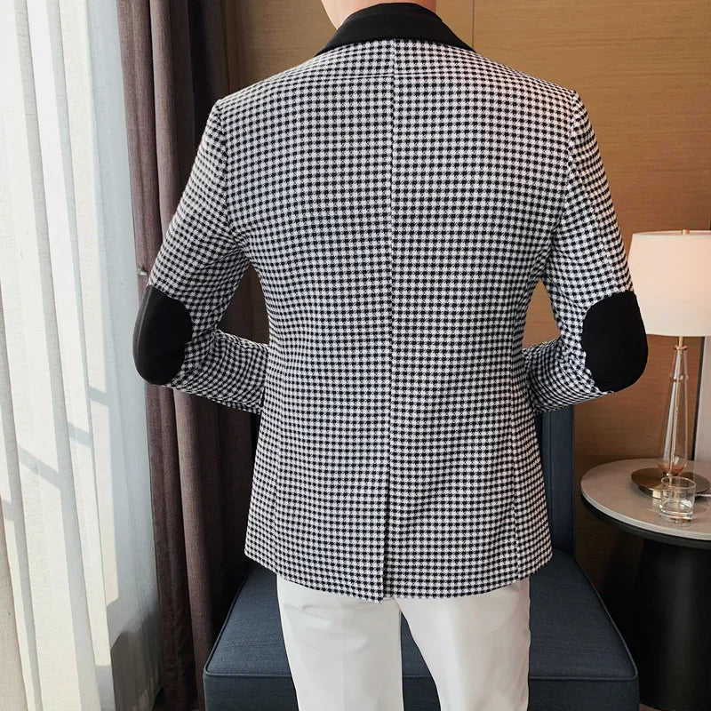 2024 Autumn Winter Korean  Houndstooth Blazer Jackets Fashion Color Matching Lapel Design Casual Men's Plaid Suit Coat Tuxedo
