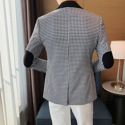 2024 Autumn Winter Korean  Houndstooth Blazer Jackets Fashion Color Matching Lapel Design Casual Men's Plaid Suit Coat Tuxedo