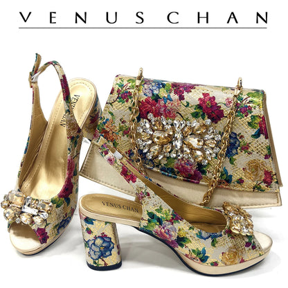 Italian Sandals and Bags Matching Set 2024 Women Heel Party for Gold Colour Wedding Bigger Size Thick Heel Shoes