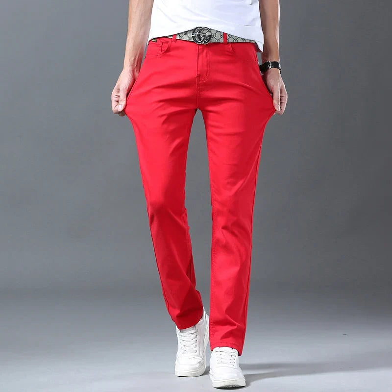 Men Classic Version Slim Stretch Trousers Clothing Red Straight Jeans Fashion High Quality Casual  Denim Pants Male 36 40
