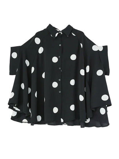 Black Vintage Polka Dot Print Blouse Women New Chiffon Lapel Short Sleeve Loose Casual Shirt Tops Fashion Summer Clothes 2026