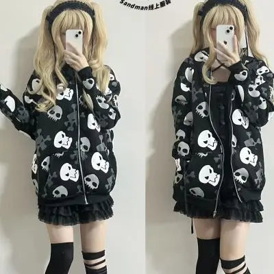 Spring style niche street fashion trend couple's new skull print hoodie long sleeved loose casual outdoor series hoodie
