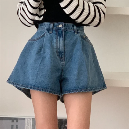 2024 New High Waist Washed Women's Denim Wide Leg Shorts Summer Buttons Casual Female Blue Jeans Trouses Pockets