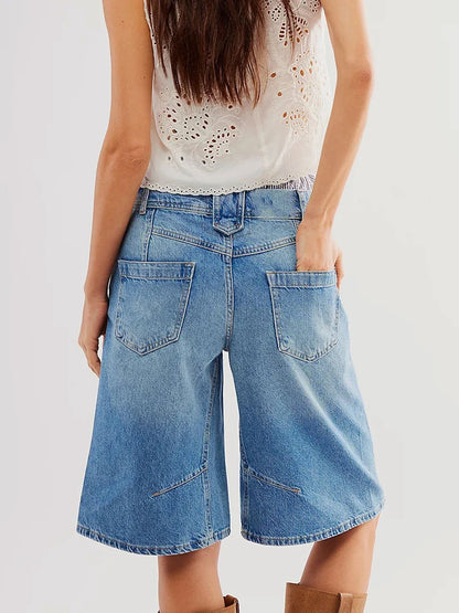 New Womens Knee Length Denim Shorts Solid Color Low Waist Wide Leg Jean Shorts For Summer Club Street Style S-2XL