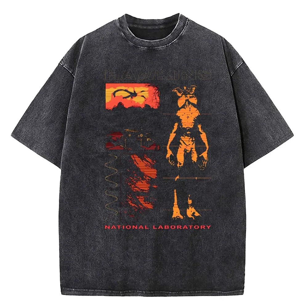 Demogorgon Hawkins Vintage Washed T Shirt Women Men Anime Cotton T Shirt Summer Harajuku Street Tops Clothing