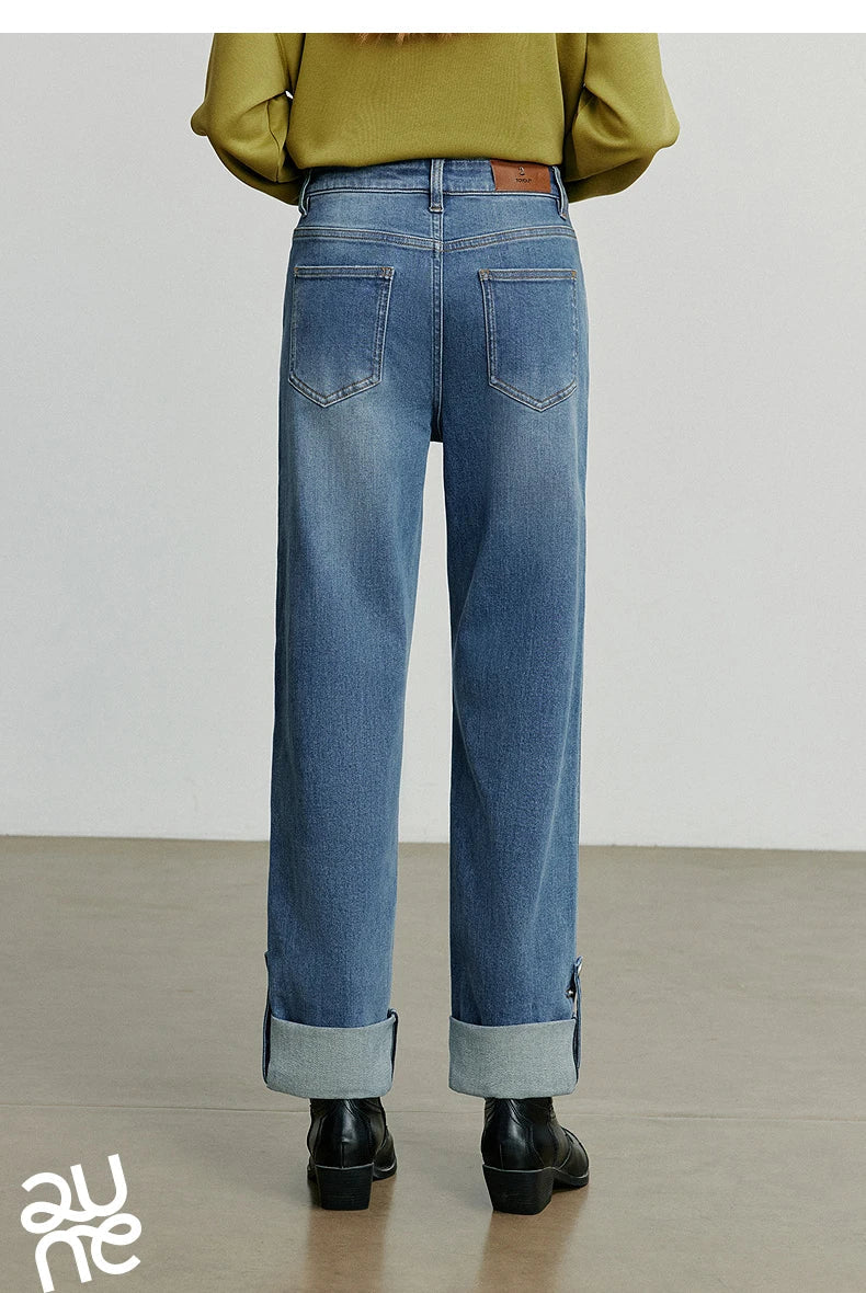 Women Denim Jeans 2025 Autumn New Lyocell Rolling Up Hem Elastic and Simple Straight Leg Ankle Length Pants