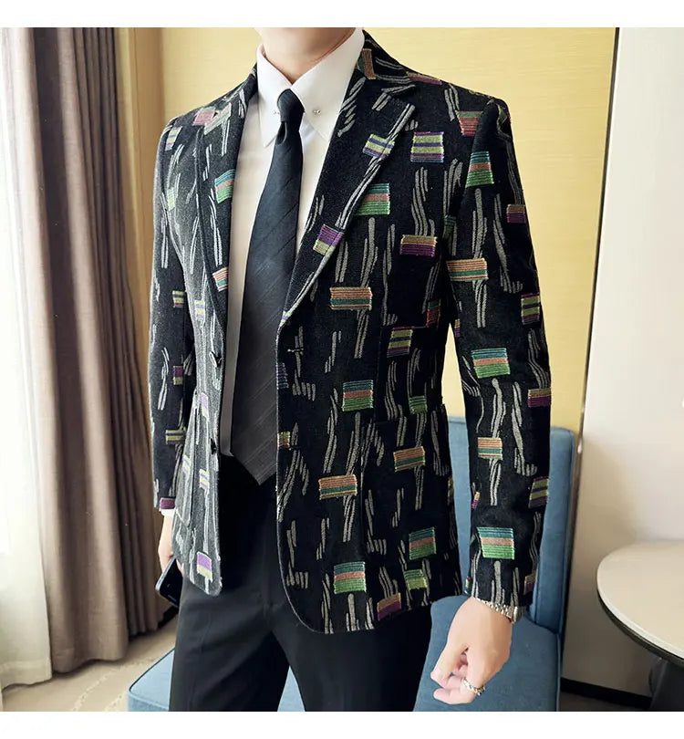 2025 New Luxury Denim Jacquard Suit Coats Men Fashion Slim Fit Suit Casual Business Party Coat Uniform Wedding Social Tailcoat