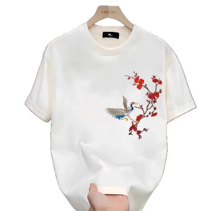 Men's Cotton T-shirts White 5XL T Shirt for Men Casual Summer Wear Red-crowned Crane Print Tee Shirts Black Men Clothing
