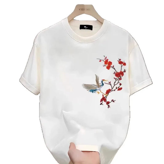 Men's Cotton T-shirts White 5XL T Shirt for Men Casual Summer Wear Red-crowned Crane Print Tee Shirts Black Men Clothing