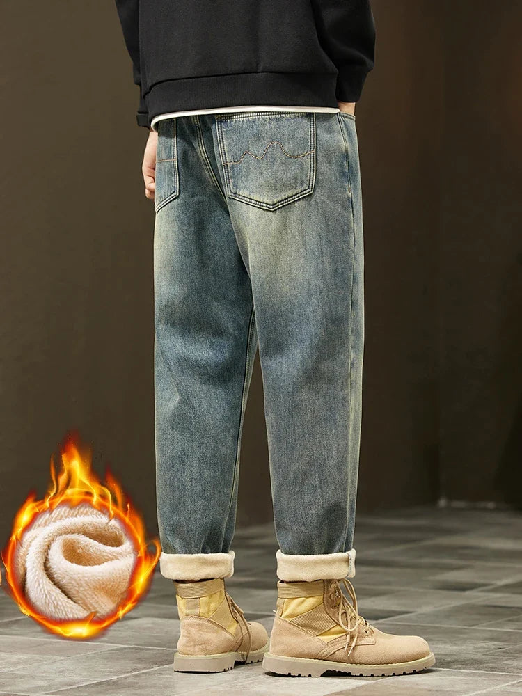 Retro Loose Winter Fleece Jeans Men's Warm Thicken Fashion Casual Denim Pants Comfortable Plush Velvet Thermal Male Trousers