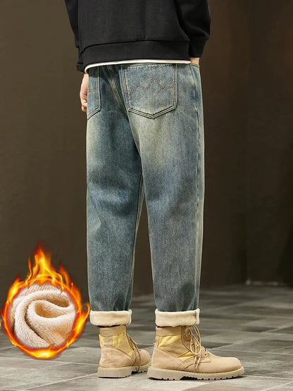 Retro Loose Winter Fleece Jeans Men's Warm Thicken Fashion Casual Denim Pants Comfortable Plush Velvet Thermal Male Trousers