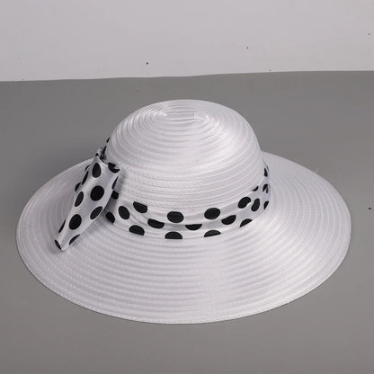 Elegant Women Wide Brim Rose Black Patchwork Polka Dots Kentucky Hat For Wedding Party Hat Big Bowknot Fedora Beach Cap