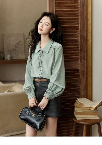 Vintage Green Blouse Women French Lapel Bow Lace-up Top 2025 Autumn Sweet Shirt Sleeve Outwear Commute Shirts MXD44C0337
