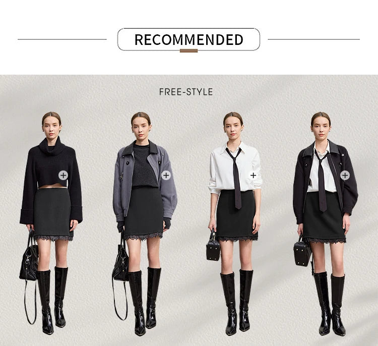 Minimalist Mini Skirt 2025 Winter New Short Wool Warm Skirts For Women Patchwork Lace Casual Solid Clothing Ladies 12544125