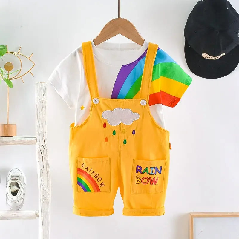 Summer Baby Boys Girls Clothes Infant Cotton Rainbow T Shirt Bib Pants 2pcs/Set Kids Garment Children Casual Sport Suit 0-4 Year