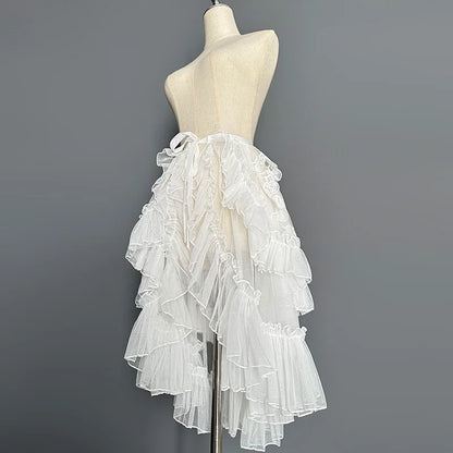 Gothic Lolita Lace Mesh Ruffles Fairy Princess Party Skirt Women Asymmetrical Cute Curtain Sheer Cover Up Thin Long Skirt White