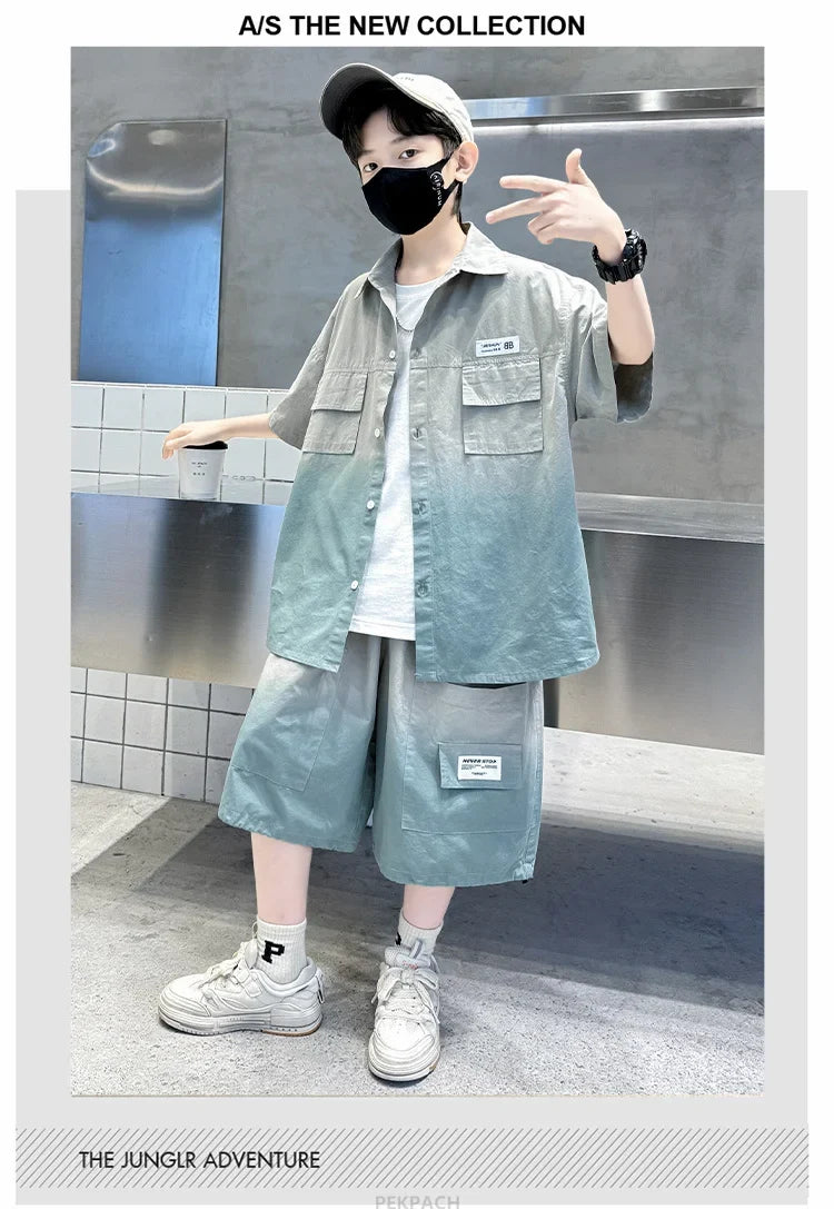 Loose Style Child Pocket Outfit Suit Cool Big Boys Summer Clothes Set Teens Kids Shirt+Shorts 2PCS Clothing Set Gradient Costume