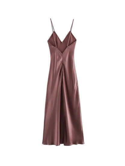 Women's Satin Midi Dress, V Neck, Thin Straps, Backless, Female Dresses, Sexy Fashion