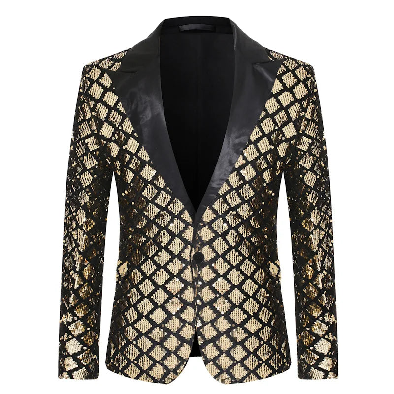 2026 Gold Men's Black Collar Suit Jacket, Glitter Sequin Decoration Wedding Party Dress Coat Black Silver Fashion Blazers.