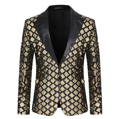 2026 Gold Men's Black Collar Suit Jacket, Glitter Sequin Decoration Wedding Party Dress Coat Black Silver Fashion Blazers.
