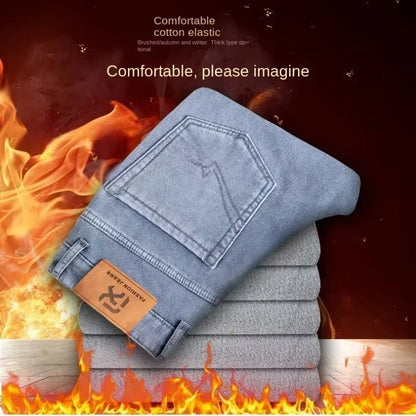 Winter Fleece Thick Warm Jeans Classic Brand Business Casual Men's Fitted Straight Stretch Mid-high Waist Denim Jeans