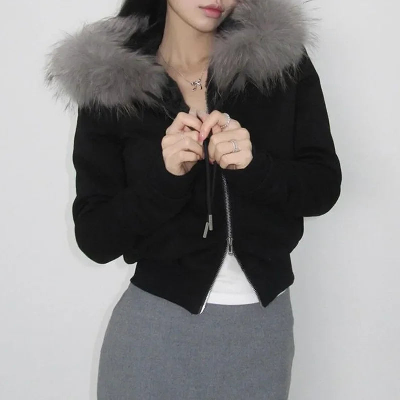 Goth Grey Faux Fur Collar Hooded Zip Up Hoodies Gothic Grunge Pockets Autumn Black Jackets Female Y2k Streetwear egirl Cardigans