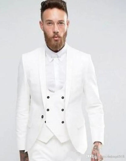 Handsome White Groom Tuxedos Shawl Lapel Groomsmen Men Wedding Dress Fashion Man Jacket Blazer 3 Piece Suits (Jacket+Pants+Vest)