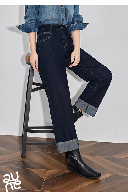 Women Denim Jeans 2025 Spring New Straight Wide Leg Rolling Up Ankle Length Cropped Pants