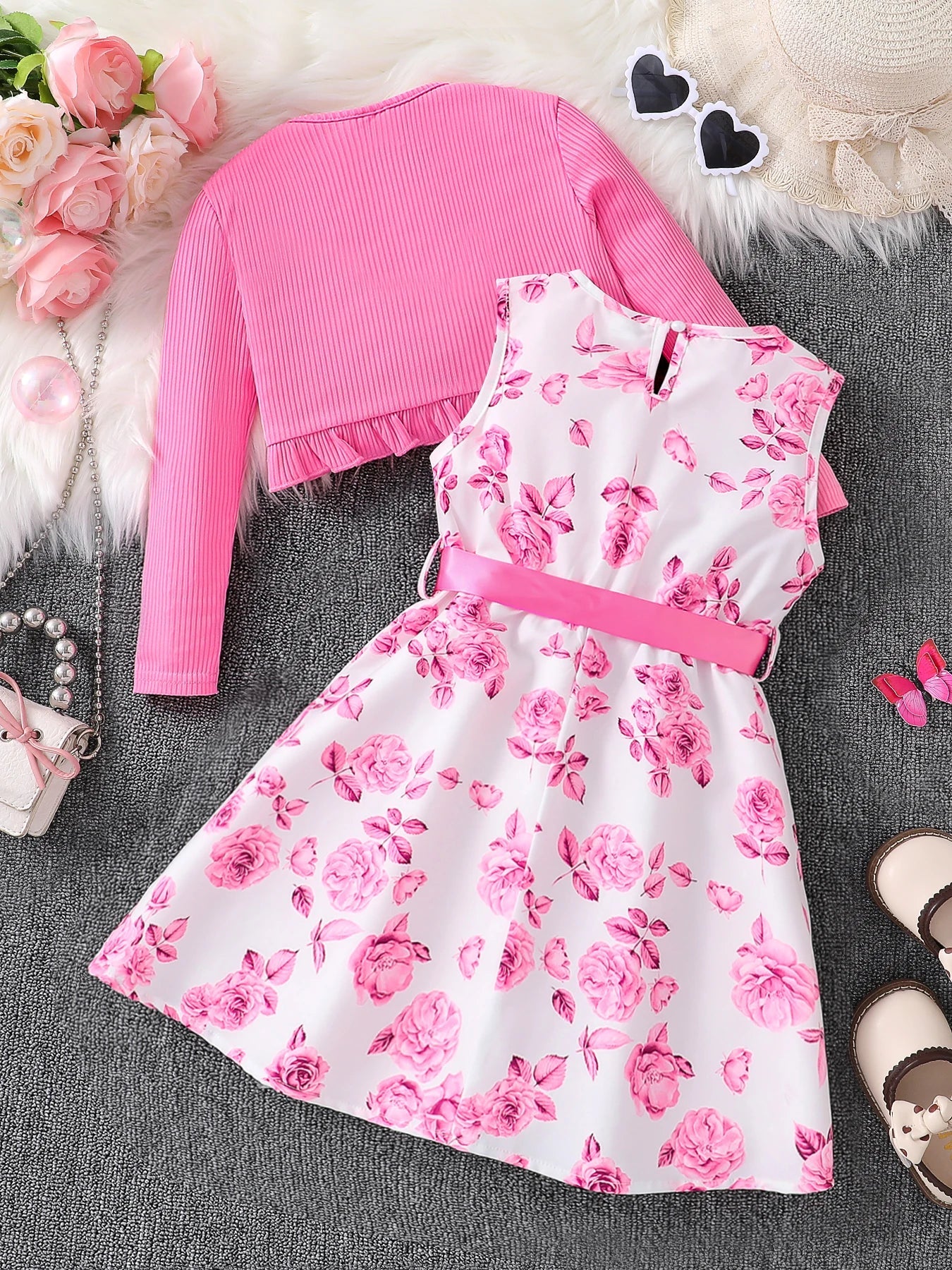 Children's Clothing Girl Autumn Fashion Casual Pink Floral Dress Set 2-Piece Set - Pink Round Neck Vest + Pink Floral Skirt