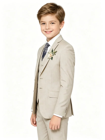Boys Summer Linen Suit Set 4 Pieces Wedding Ring Bearer Outfit Notched Lapel Kids Slim Fit Tuxedo For Piano Perfromace 3-14T