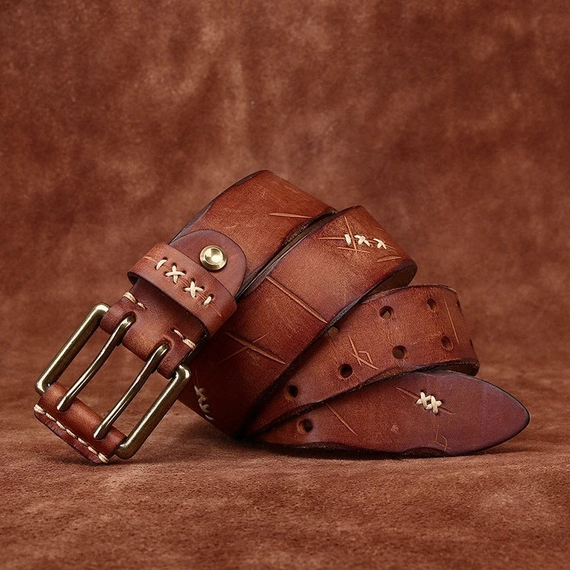 3.8CM Retro Real Genuine Leather Belt Brass Buckle Luxury Designer Belts Men Pure Cowskin Strap Male Cowboy Jeans Belt for Man