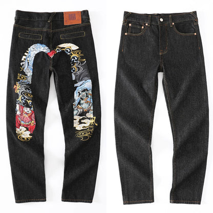 Japanese Handmade Embroidered Jeans Men's Pure Cotton Straight Tube Hip-Hop Popular Slim Red Ears Show Thin Trousers Devil