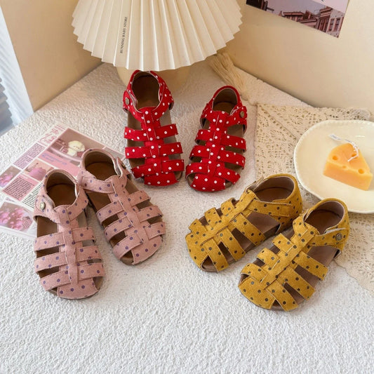 All Over Print Polka Dot Children Sandals for Girls Suede Leather Summer Students Holiday Shoes Girl Daily Shoes Cut-outs I05103