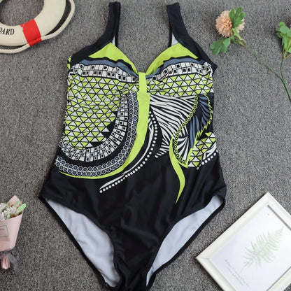2024 Vintage One Piece Swimsuit Women Swimwear Tummy Control Monokini Sexy Bodysuit Print BathingSuit Female Beachwear Plus Size