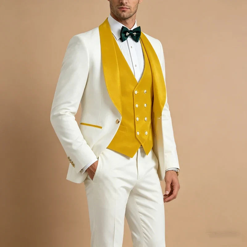 Men White Tuxedo Suit 3 Piece Shawl Lapel Slim Fit 1 Button Velvet Collar Patched Blazer Vest Pants Set for Wedding Party Groom