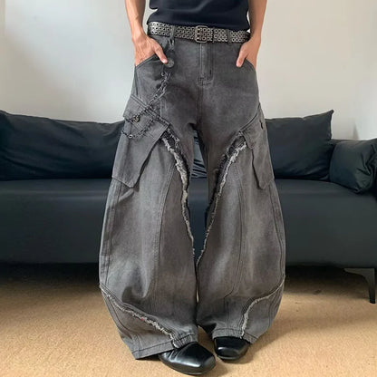 Autumn/Winter Korean Vintage Splicing Hairy Zipper Micro Horn Jeans Men's Loose Straight Leg Pants Fashion High Street Jeans