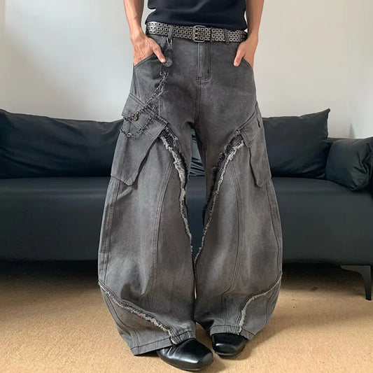 Autumn/Winter Korean Vintage Splicing Hairy Zipper Micro Horn Jeans Men's Loose Straight Leg Pants Fashion High Street Jeans