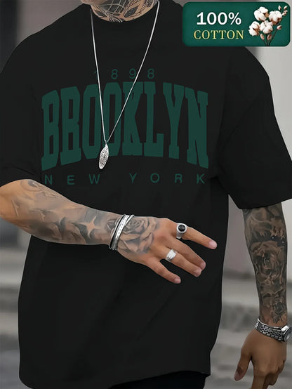 Men's Summer 100% Cotton Fashion 1898 Brooklyn New York Loose Casual Sports Round Neck Short Sleeve T-shirt Versatile Top